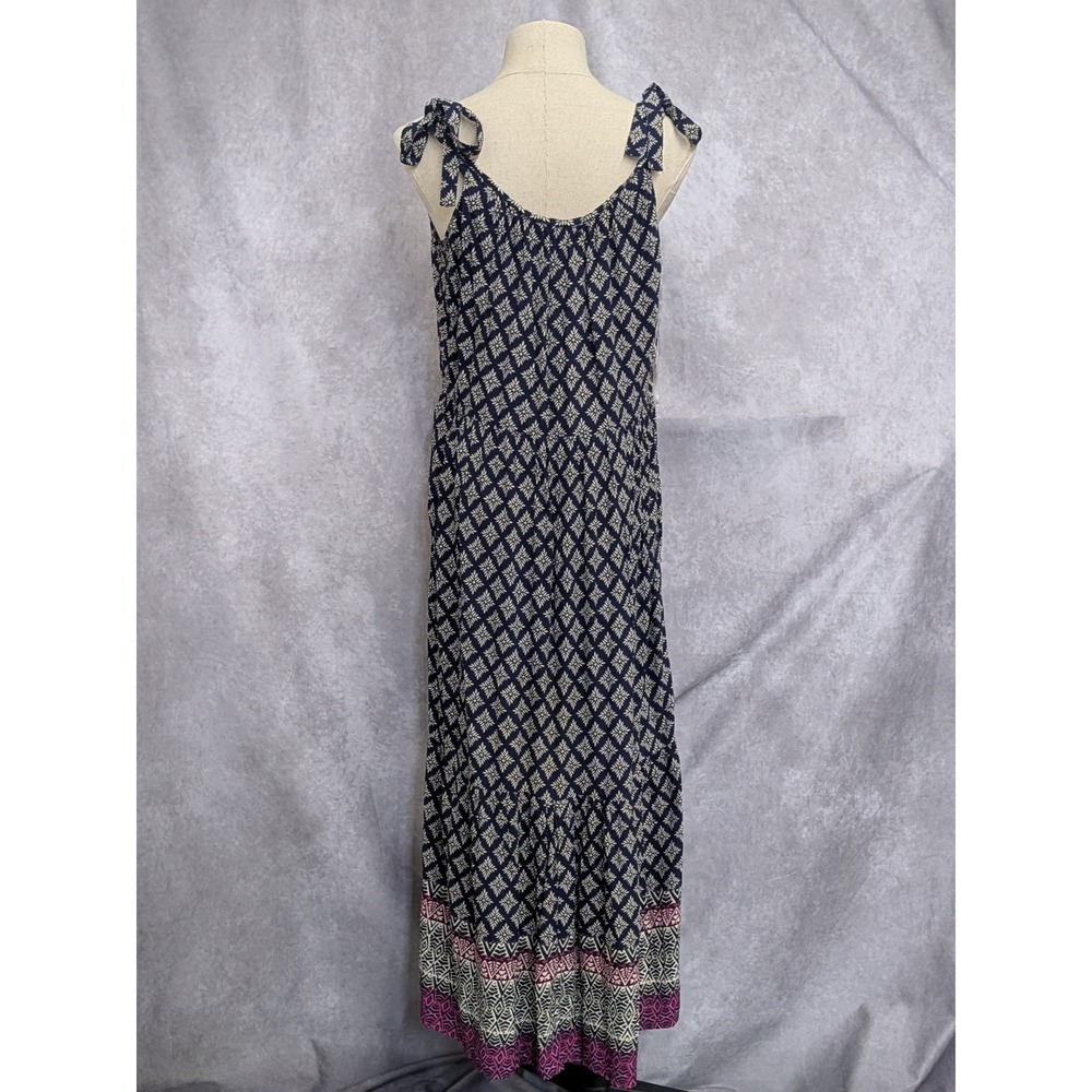 Beachlunchlounge Navy Blue Geometric Print Tie Shoulder Tiered Maxi Dress Medium - Picture 2 of 3